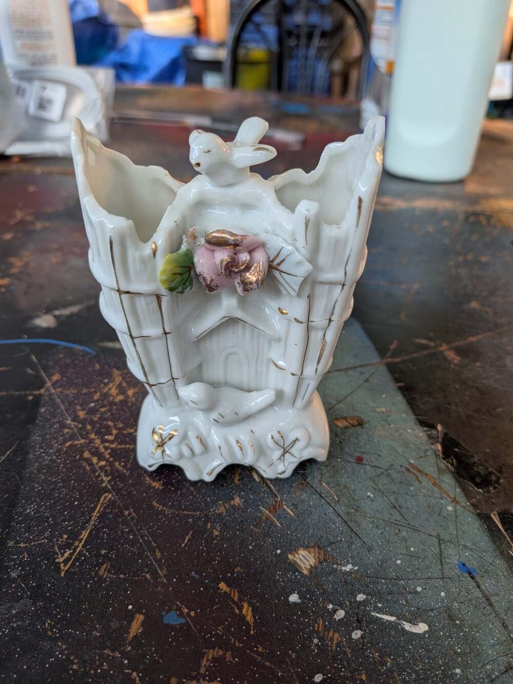 Fluted Bone China Birdhouse Vase with Doves, Pink Roses, and Gold Accents